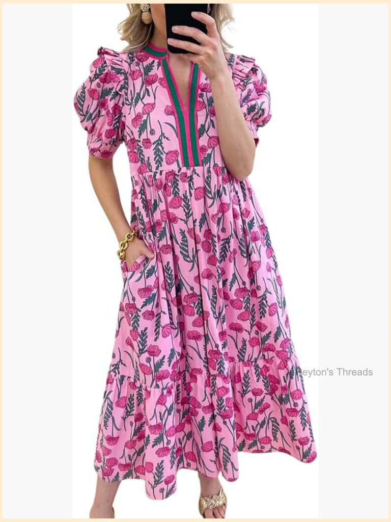 Boho Floral Maxi Dress V Neck Puff Sleeve Ruffle Tiered Swing Beach Sundress